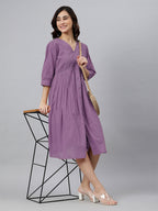 Janasya Bright Cotton Solid Gathered Dress | Grocsy