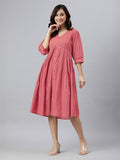 Janasya Bright Cotton Solid Gathered Dress | Grocsy
