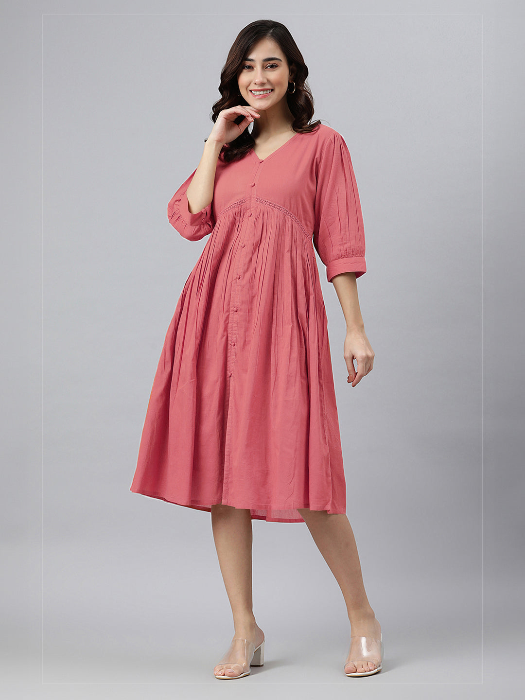 Janasya Bright Cotton Solid Gathered Dress | Grocsy
