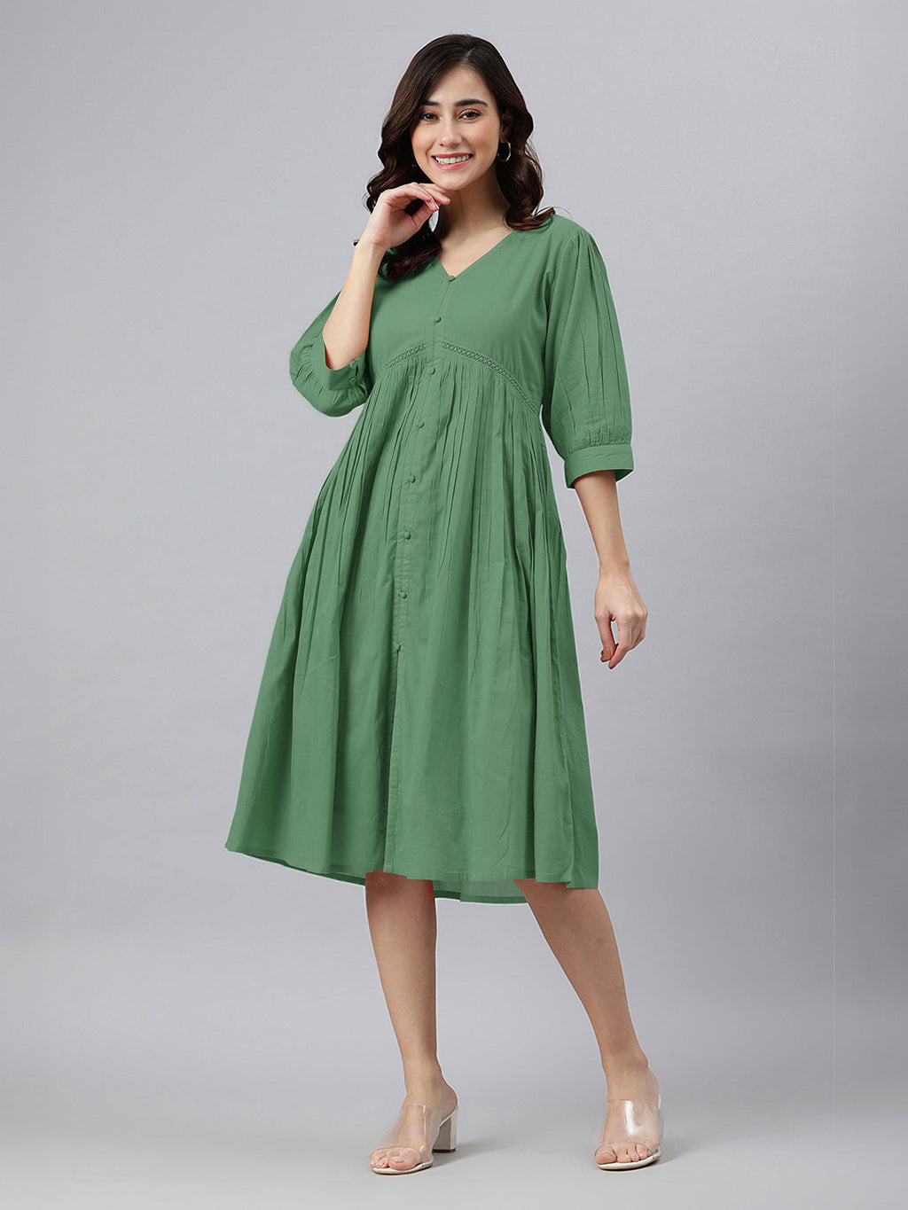 Janasya Bright Cotton Solid Gathered Dress | Grocsy