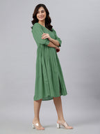 Janasya Bright Cotton Solid Gathered Dress | Grocsy