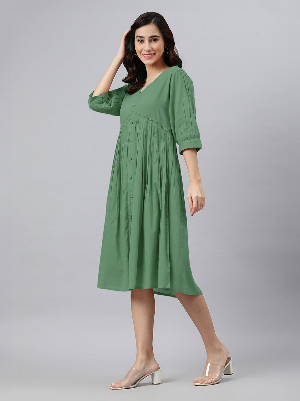 Janasya Bright Cotton Solid Gathered Dress | Grocsy