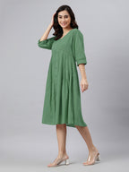 Janasya Bright Cotton Solid Gathered Dress | Grocsy