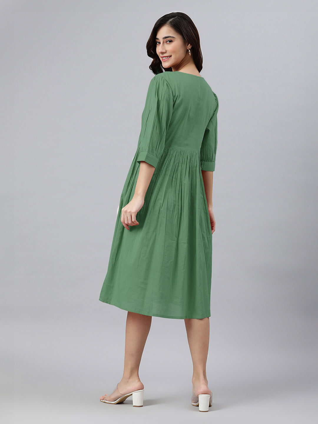 Janasya Bright Cotton Solid Gathered Dress | Grocsy