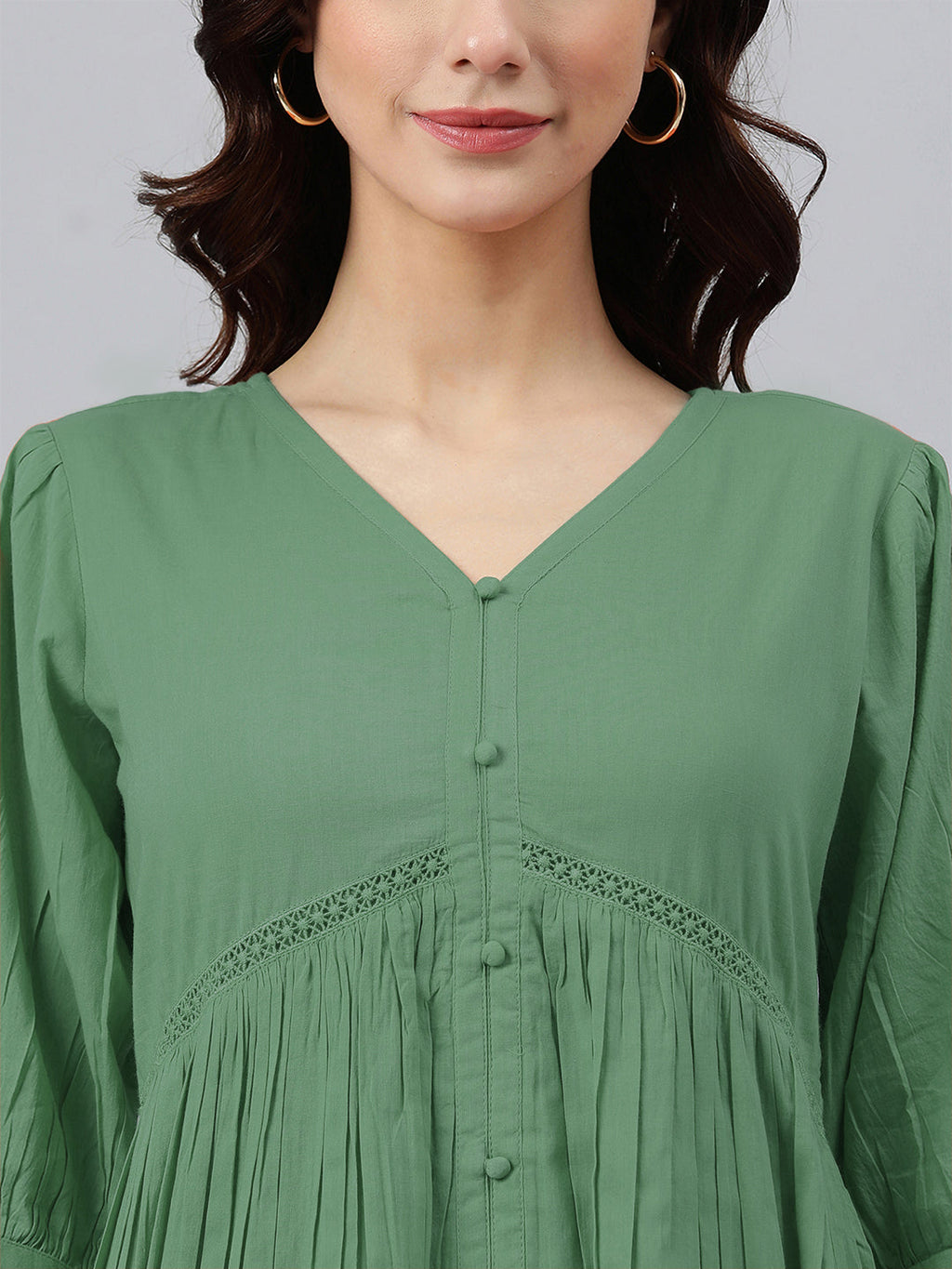 Janasya Bright Cotton Solid Gathered Dress | Grocsy