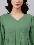 Janasya Bright Cotton Solid Gathered Dress | Grocsy