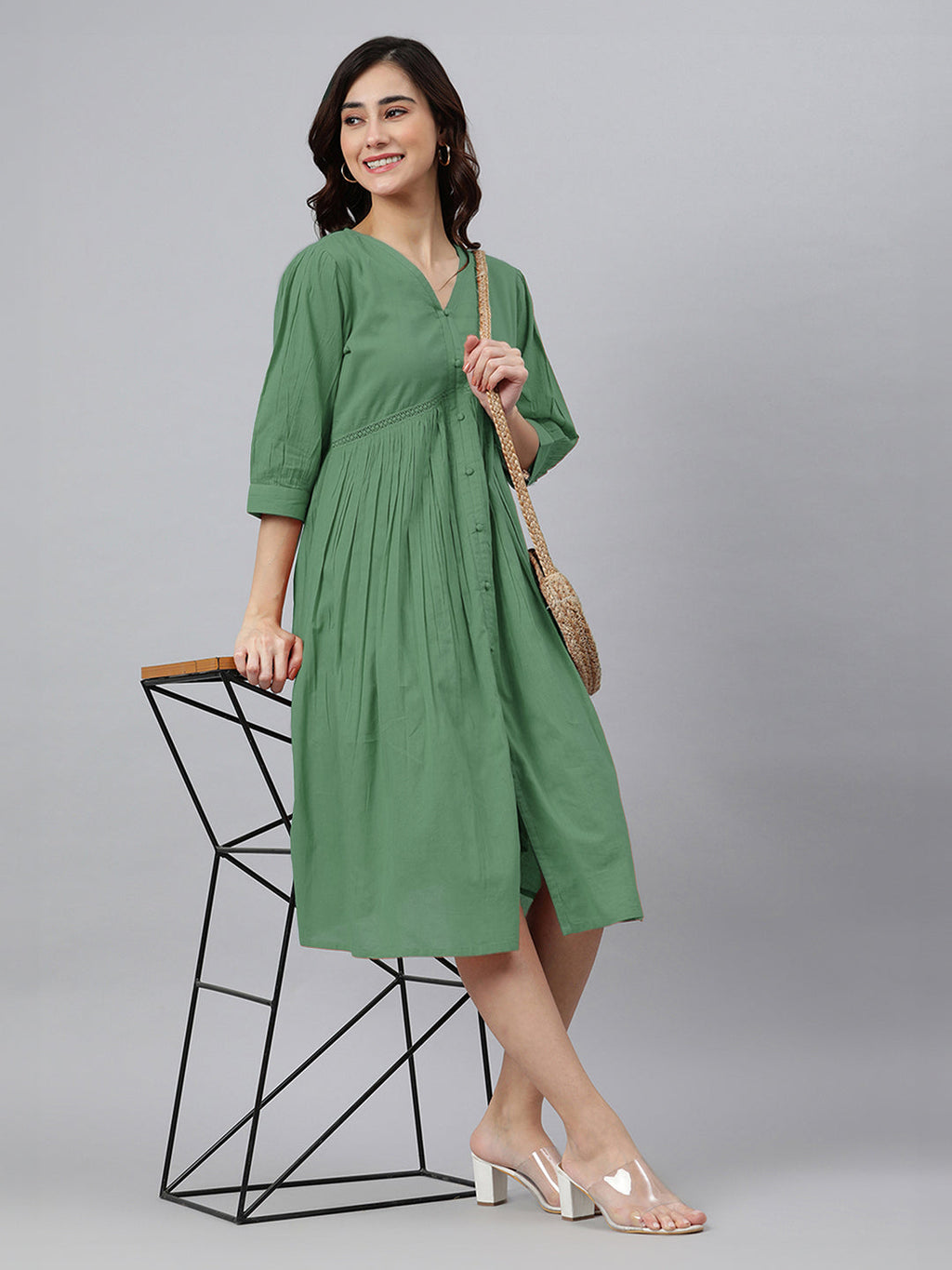 Janasya Bright Cotton Solid Gathered Dress | Grocsy