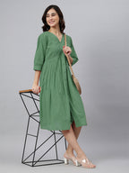 Janasya Bright Cotton Solid Gathered Dress | Grocsy