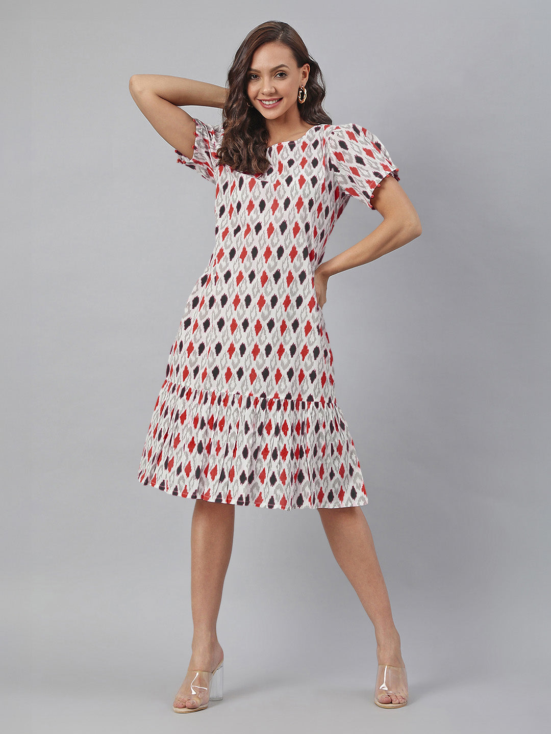 Janasya Bright Cotton Ikkat A-Line Dress | Grocsy
