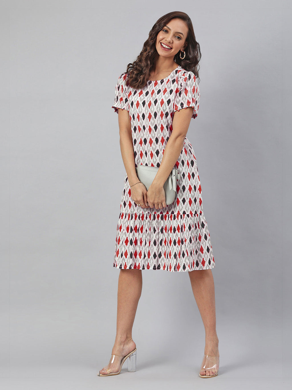 Janasya Bright Cotton Ikkat A-Line Dress | Grocsy