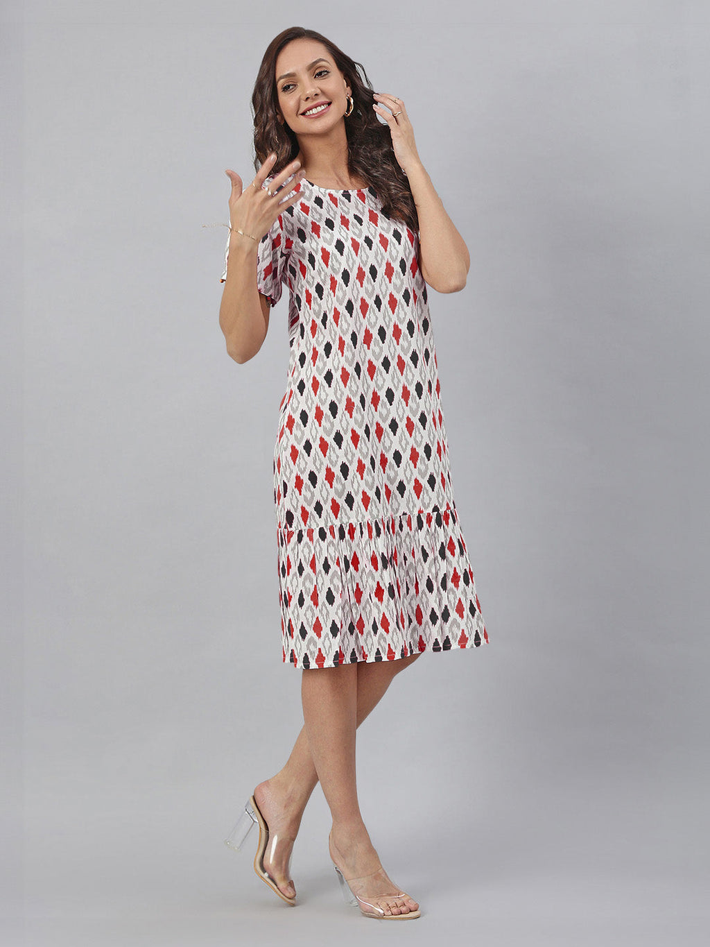 Janasya Bright Cotton Ikkat A-Line Dress | Grocsy