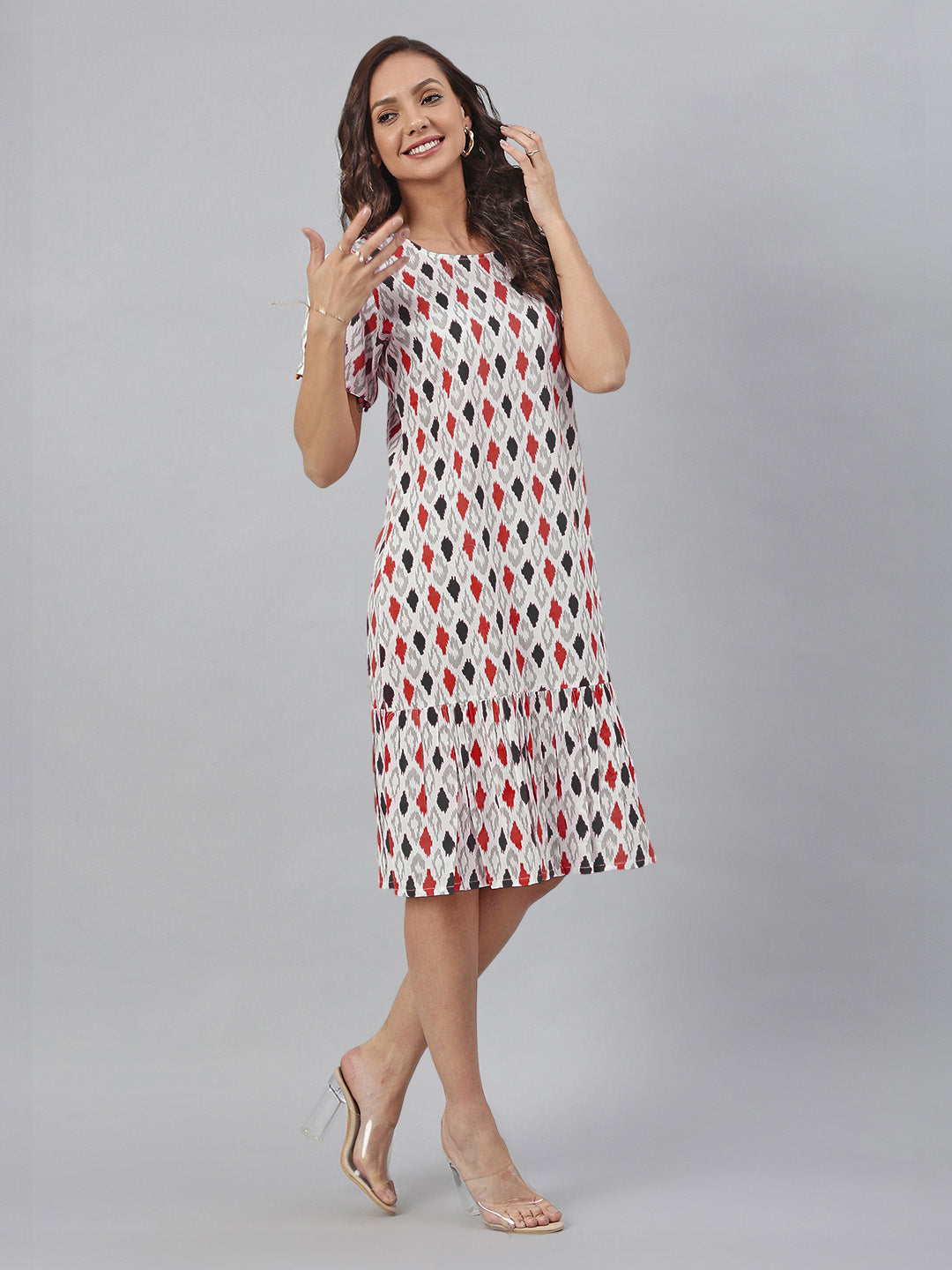 Janasya Bright Cotton Ikkat A-Line Dress | Grocsy