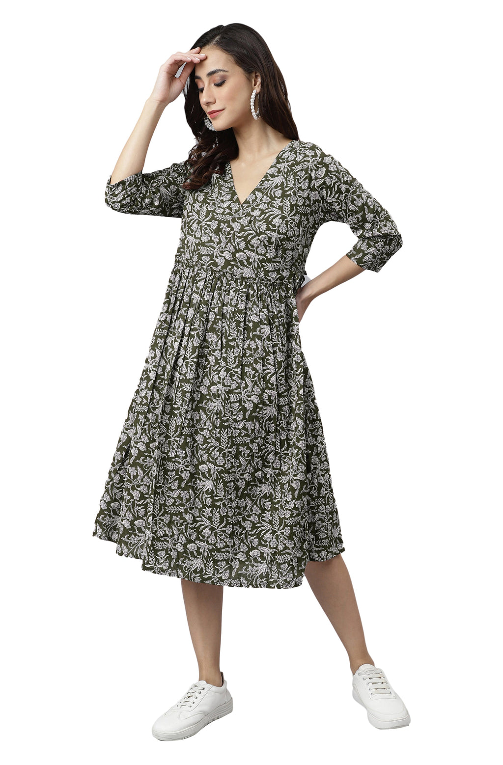 Janasya Dark Cotton Floral Angrakha Dress | Grocsy