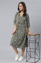 Janasya Dark Cotton Floral Angrakha Dress | Grocsy