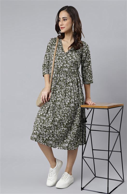 Janasya Dark Cotton Floral Angrakha Dress | Grocsy