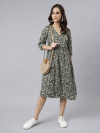 Janasya Dark Cotton Floral Angrakha Dress | Grocsy