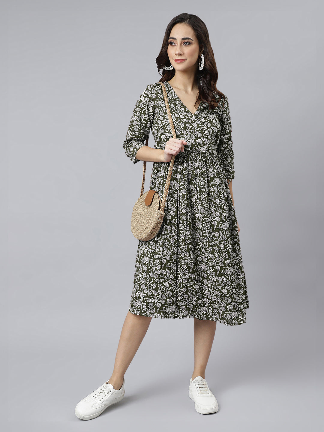 Janasya Dark Cotton Floral Angrakha Dress | Grocsy