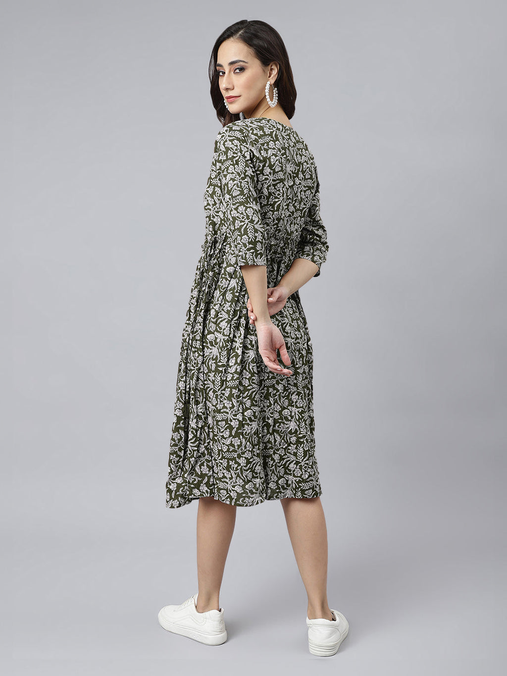 Janasya Dark Cotton Floral Angrakha Dress | Grocsy