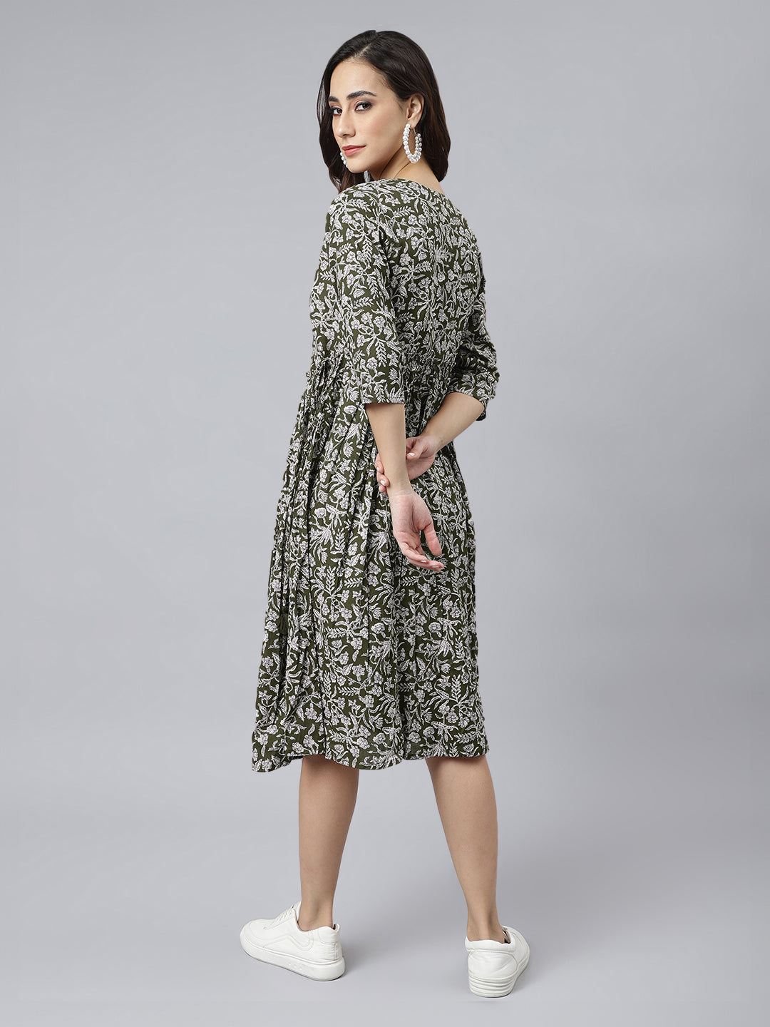 Janasya Dark Cotton Floral Angrakha Dress | Grocsy