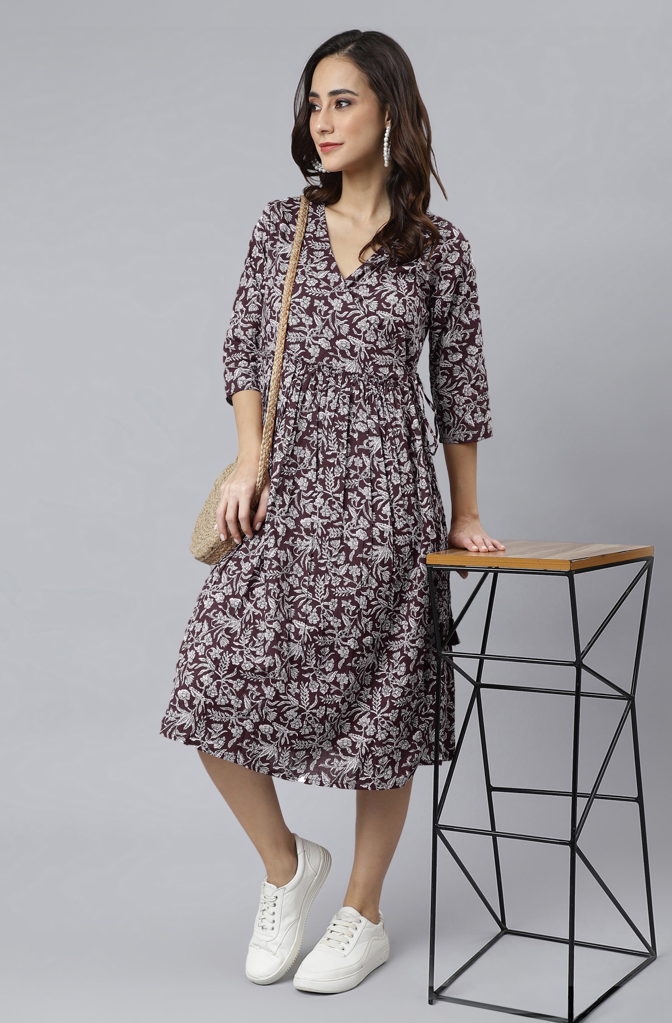 Janasya Dark Cotton Floral Angrakha Dress | Grocsy
