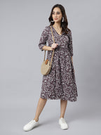 Janasya Dark Cotton Floral Angrakha Dress | Grocsy