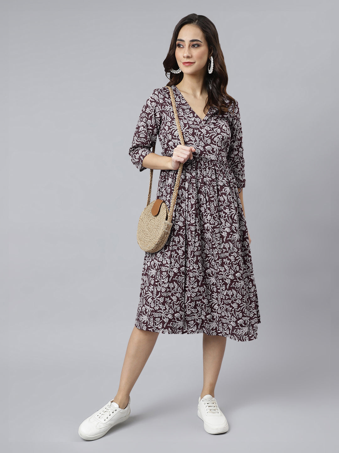 Janasya Dark Cotton Floral Angrakha Dress | Grocsy