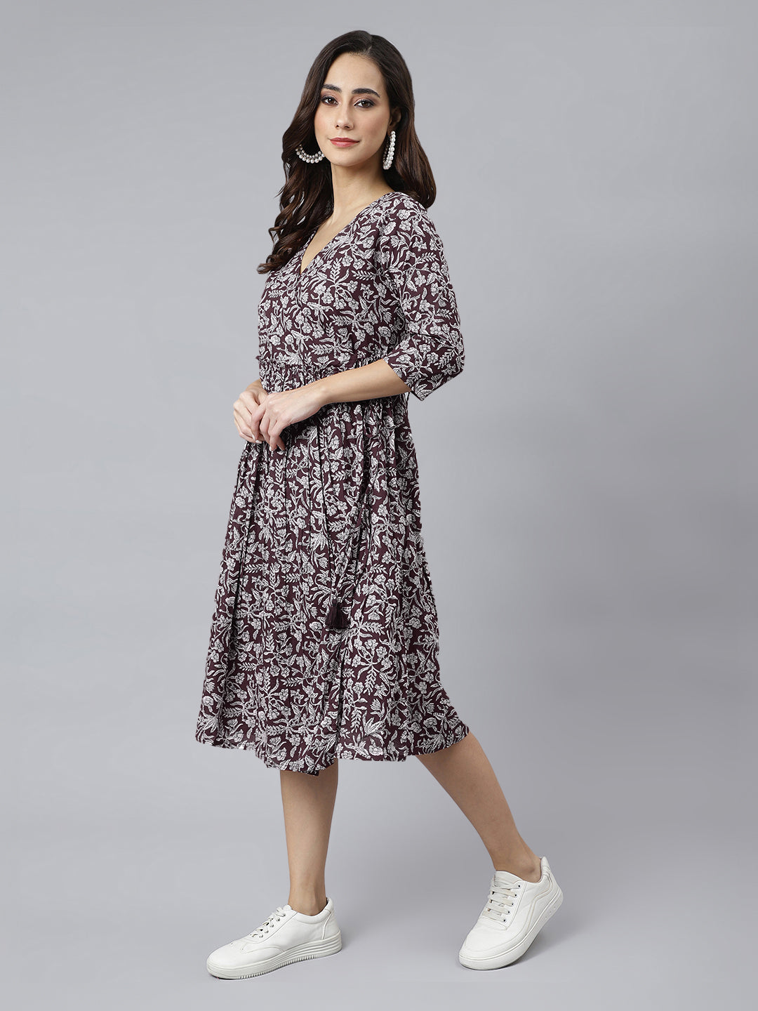 Janasya Dark Cotton Floral Angrakha Dress | Grocsy