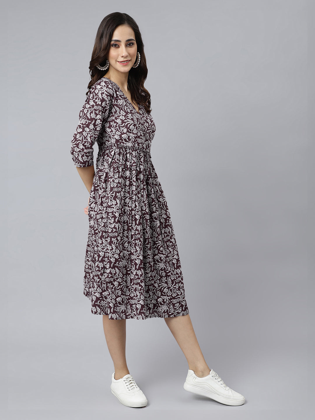Janasya Dark Cotton Floral Angrakha Dress | Grocsy