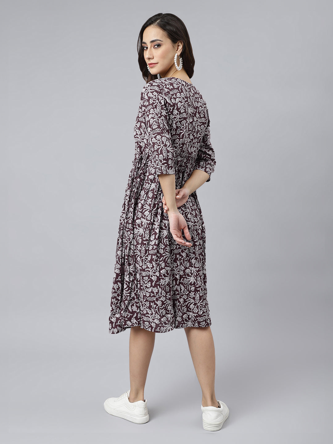 Janasya Dark Cotton Floral Angrakha Dress | Grocsy