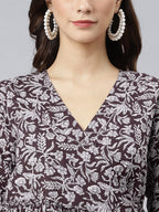 Janasya Dark Cotton Floral Angrakha Dress | Grocsy