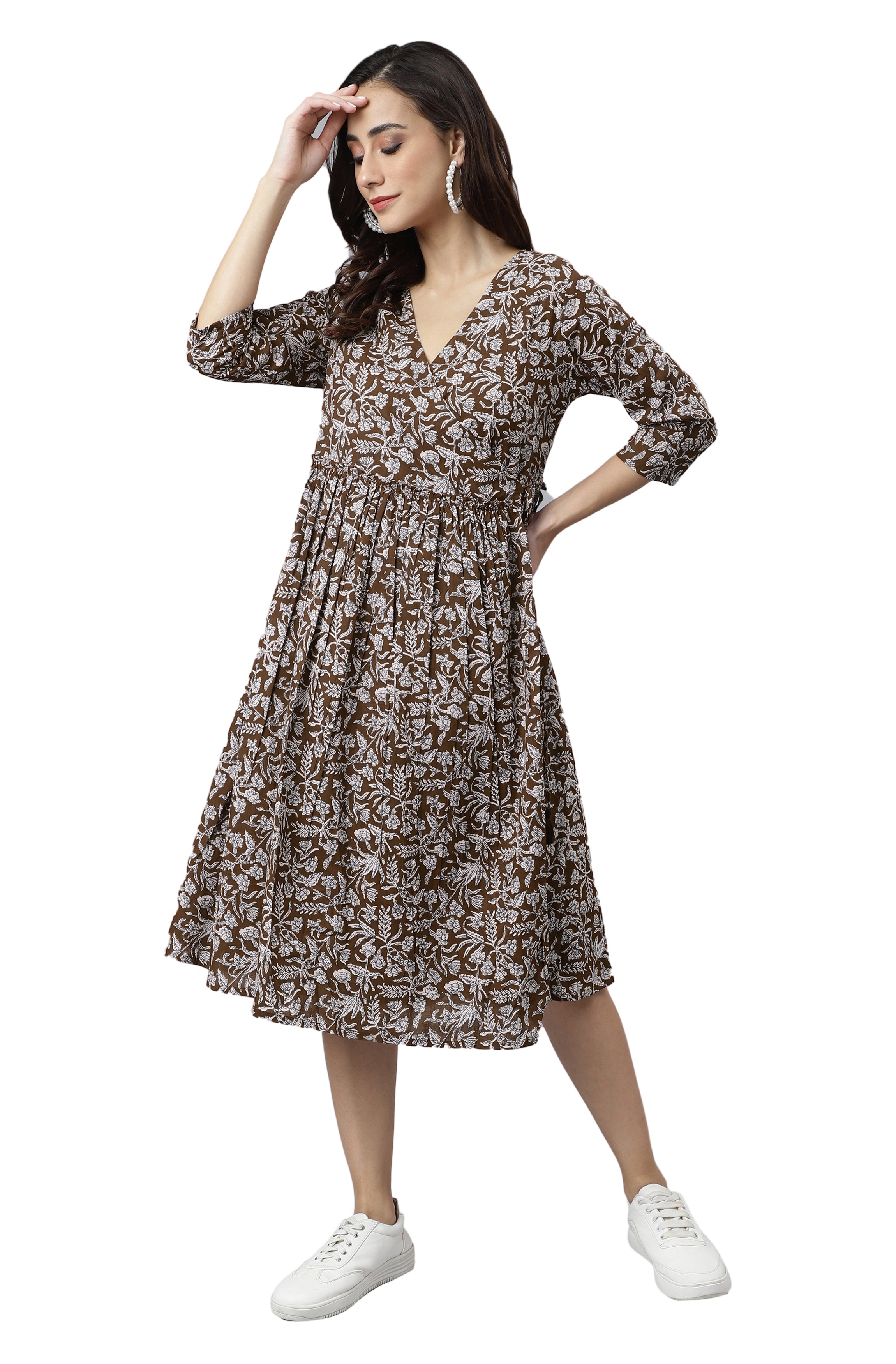 Janasya Dark Cotton Floral Angrakha Dress | Grocsy