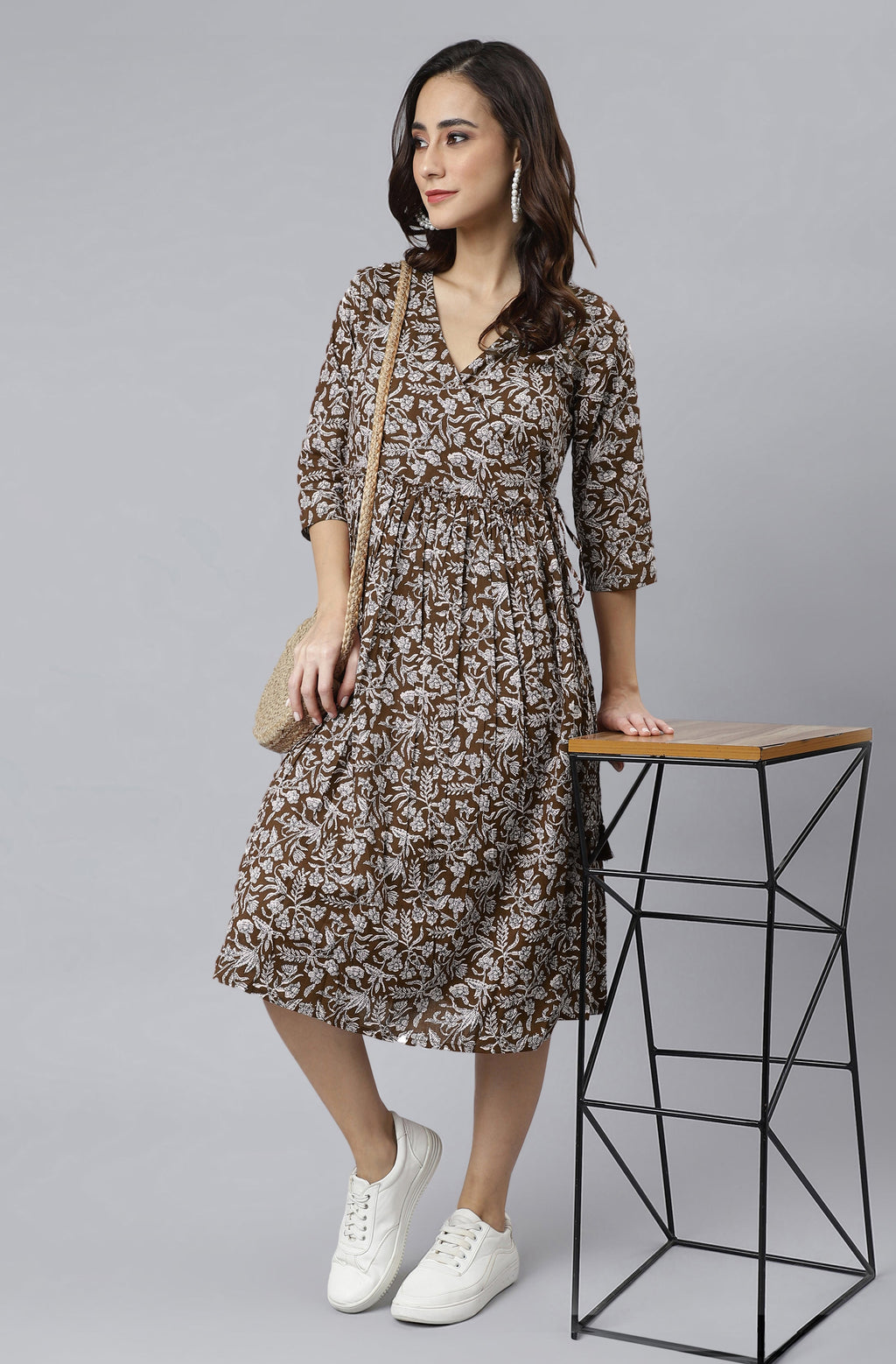 Janasya Dark Cotton Floral Angrakha Dress | Grocsy