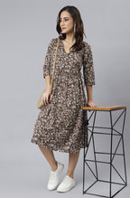 Janasya Dark Cotton Floral Angrakha Dress | Grocsy