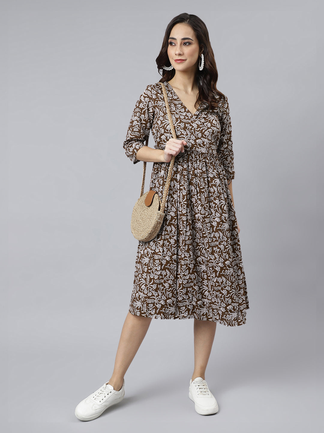 Janasya Dark Cotton Floral Angrakha Dress | Grocsy