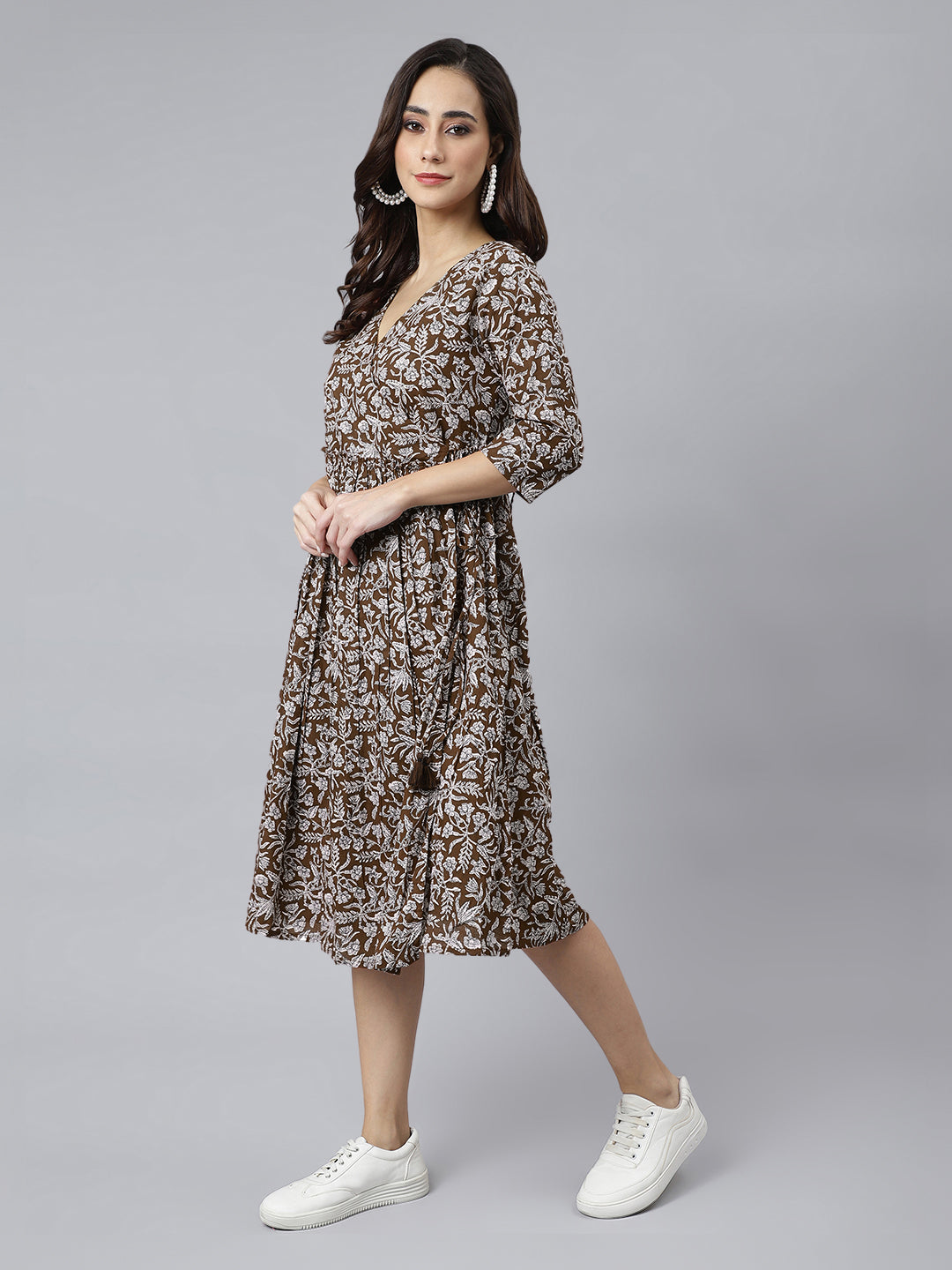 Janasya Dark Cotton Floral Angrakha Dress | Grocsy