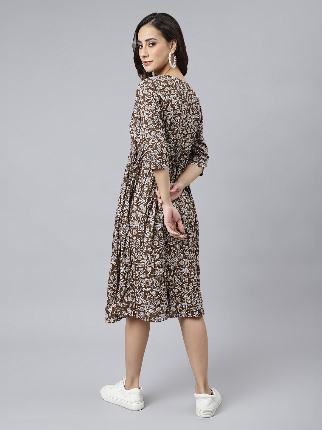 Janasya Dark Cotton Floral Angrakha Dress | Grocsy