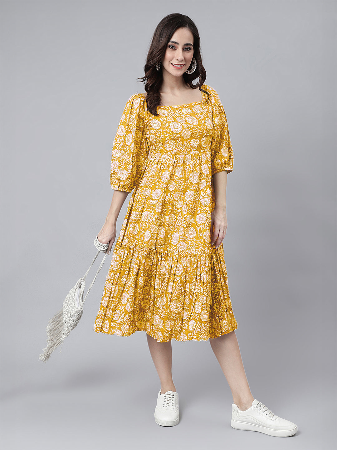 Janasya Bright Cotton Floral Tiered Dress | Grocsy