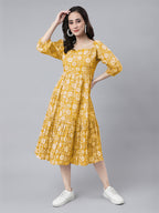 Janasya Bright Cotton Floral Tiered Dress | Grocsy
