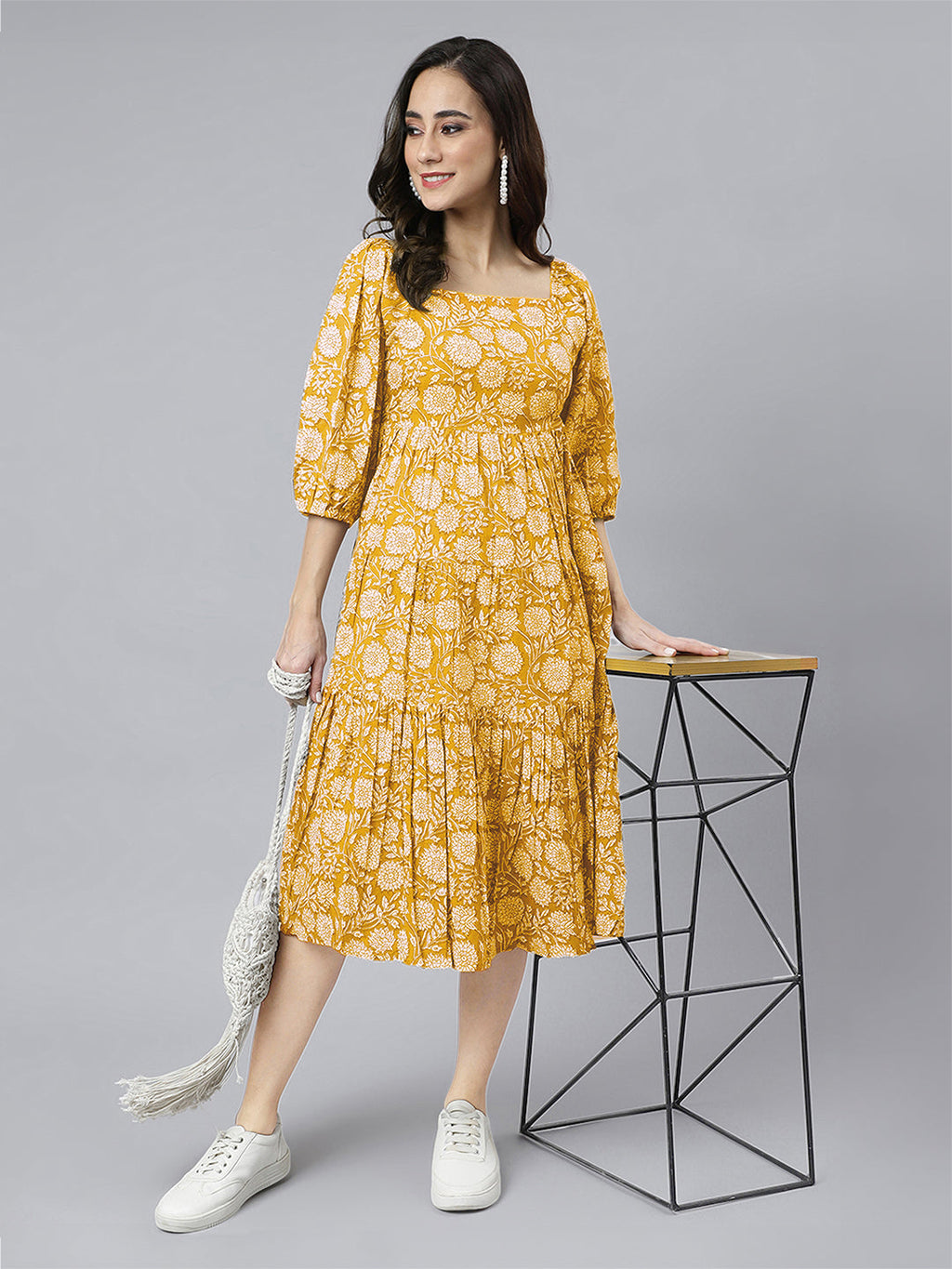 Janasya Bright Cotton Floral Tiered Dress | Grocsy