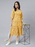 Janasya Bright Cotton Floral Tiered Dress | Grocsy