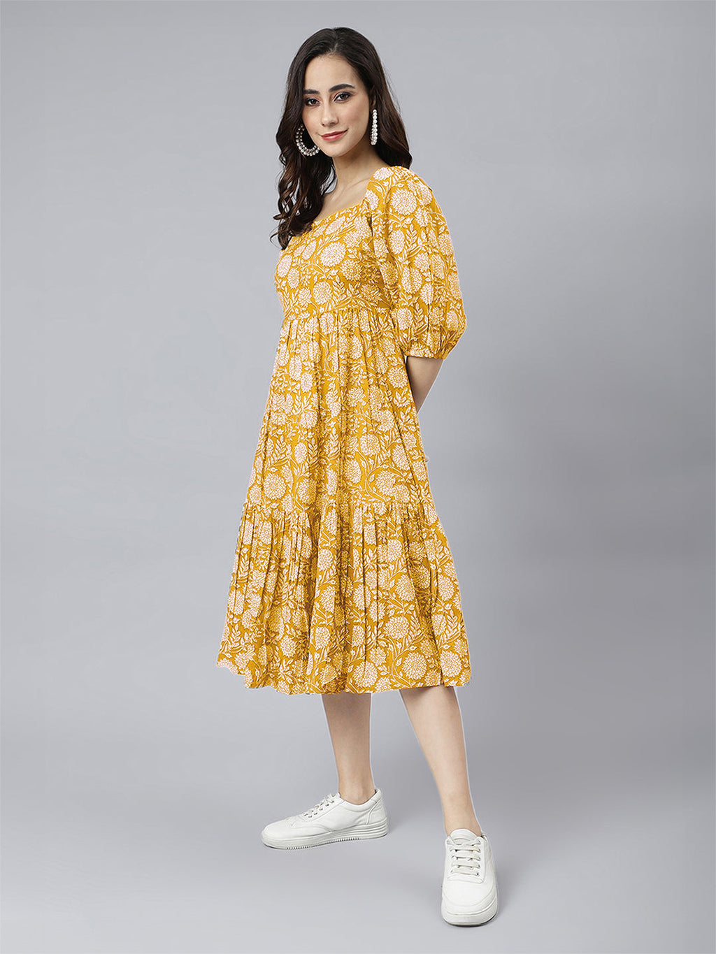 Janasya Bright Cotton Floral Tiered Dress | Grocsy