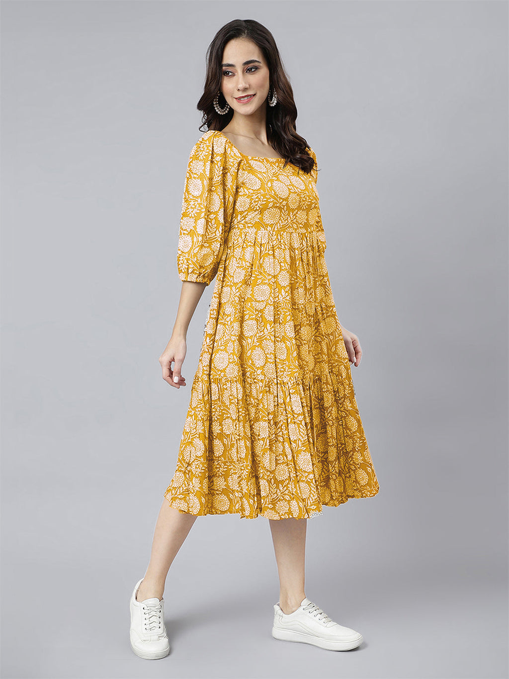 Janasya Bright Cotton Floral Tiered Dress | Grocsy