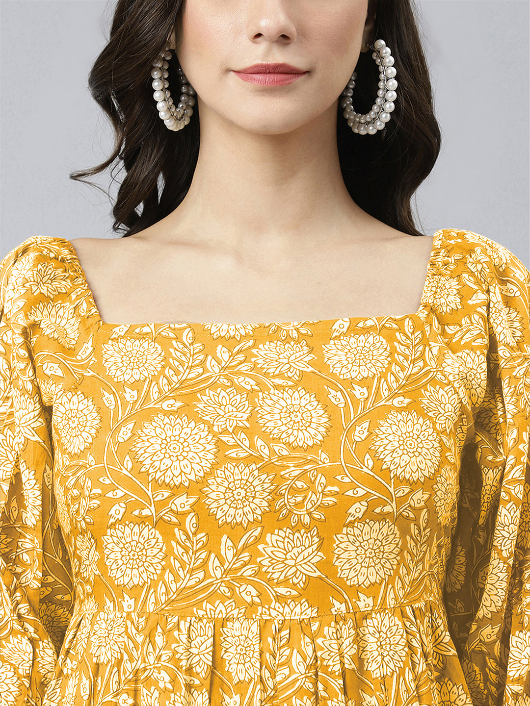 Janasya Bright Cotton Floral Tiered Dress | Grocsy