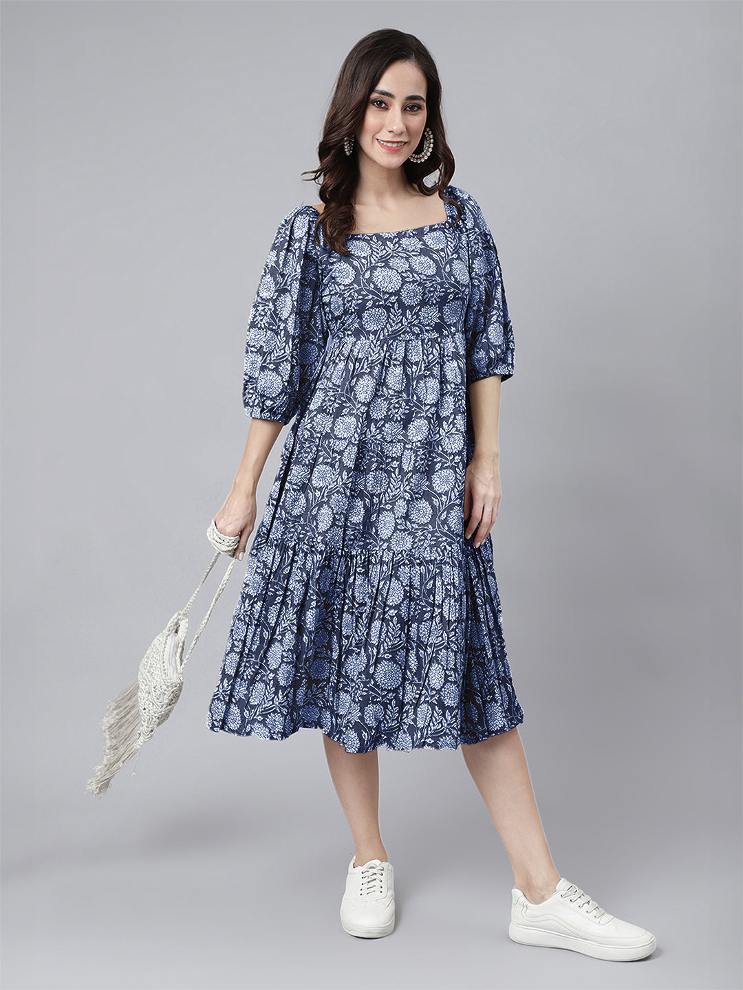 Janasya Bright Cotton Floral Tiered Dress | Grocsy