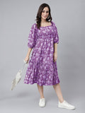 Janasya Bright Cotton Floral Tiered Dress | Grocsy