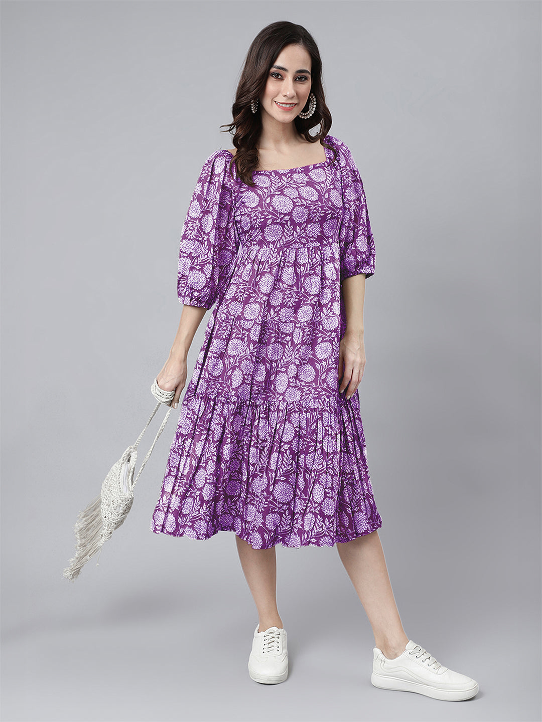 Janasya Bright Cotton Floral Tiered Dress | Grocsy