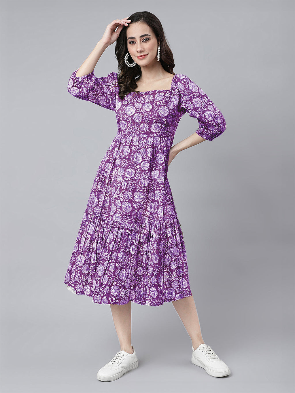 Janasya Bright Cotton Floral Tiered Dress | Grocsy