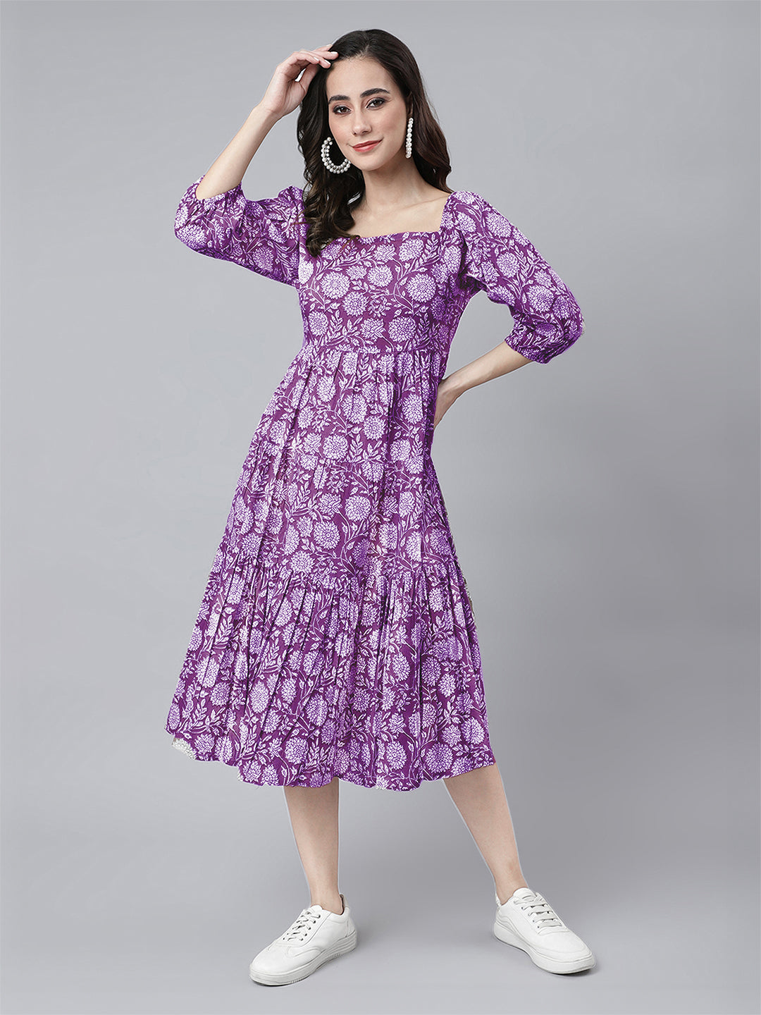 Janasya Bright Cotton Floral Tiered Dress | Grocsy