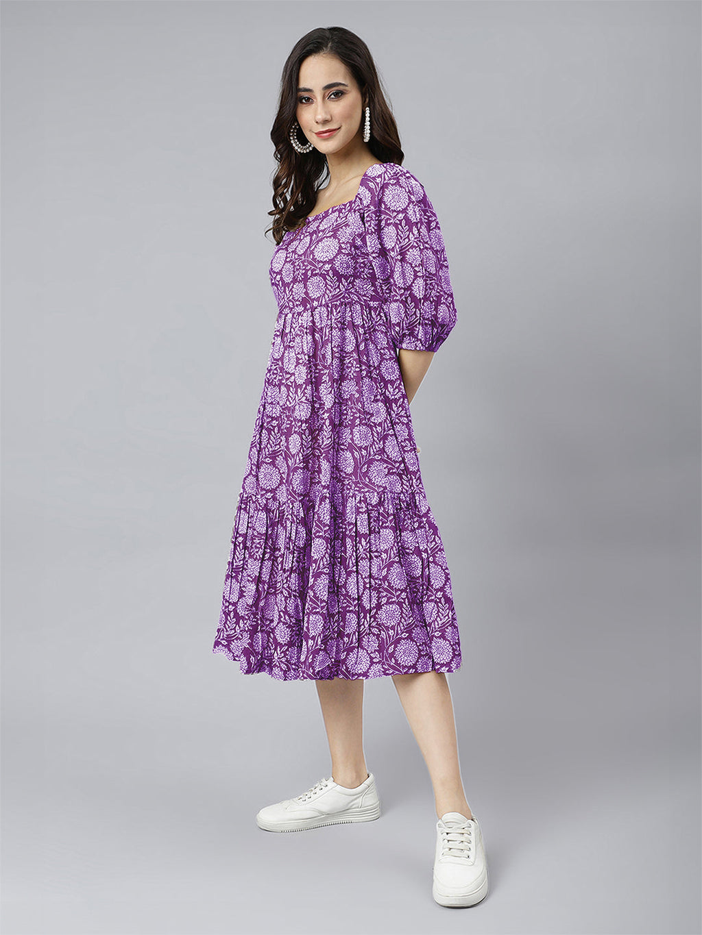 Janasya Bright Cotton Floral Tiered Dress | Grocsy