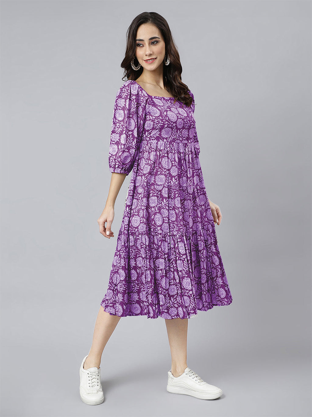 Janasya Bright Cotton Floral Tiered Dress | Grocsy